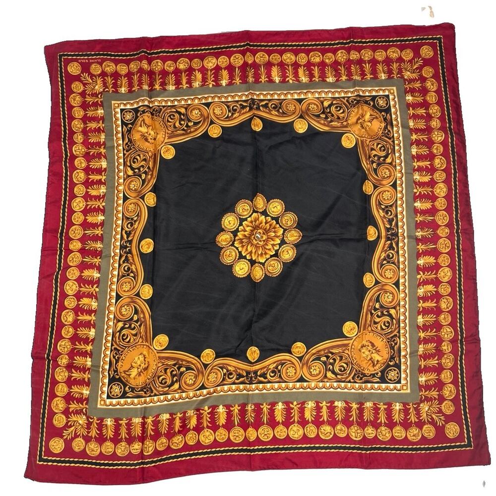 Vintage Elaine Gold Silk Scarf Coin Baroque Renaissance Black Red Gold